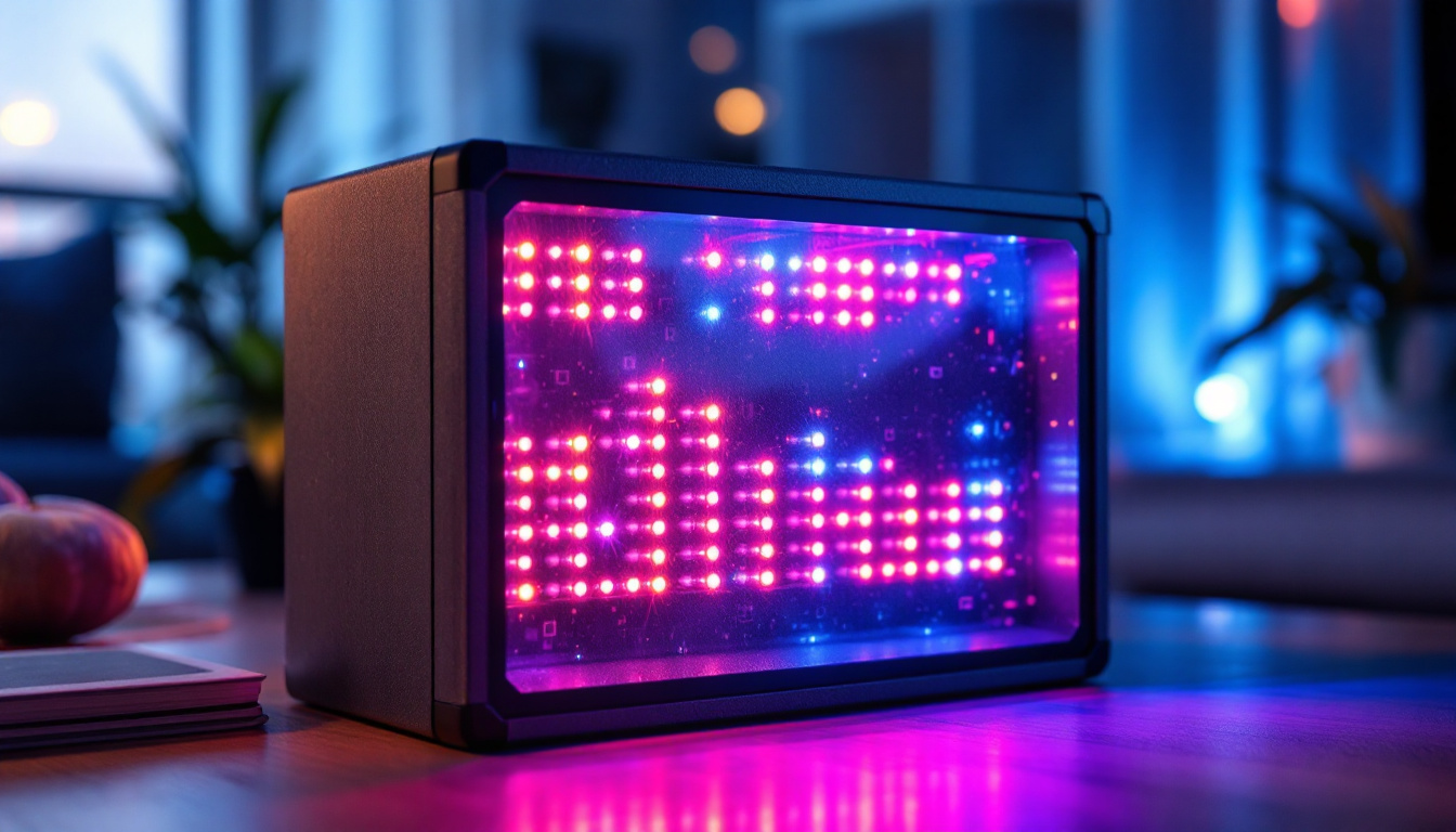 A photograph of a stylishly designed box featuring vibrant led lights in a modern setting