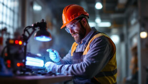 A photograph of a skilled lighting contractor demonstrating the safe and effective use of a uv light lamp in a well-lit workspace