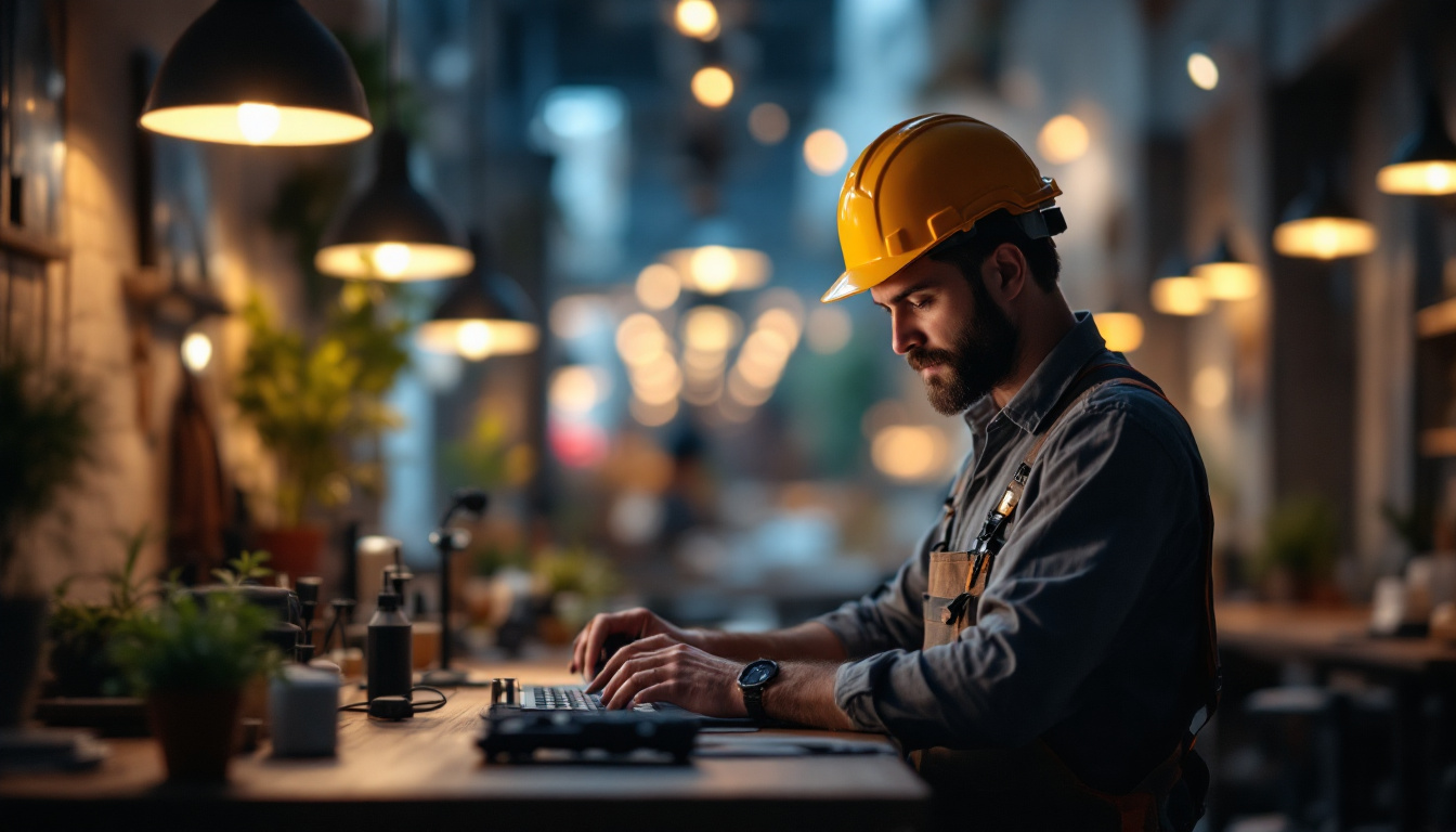 A photograph of a modern lighting contractor at work