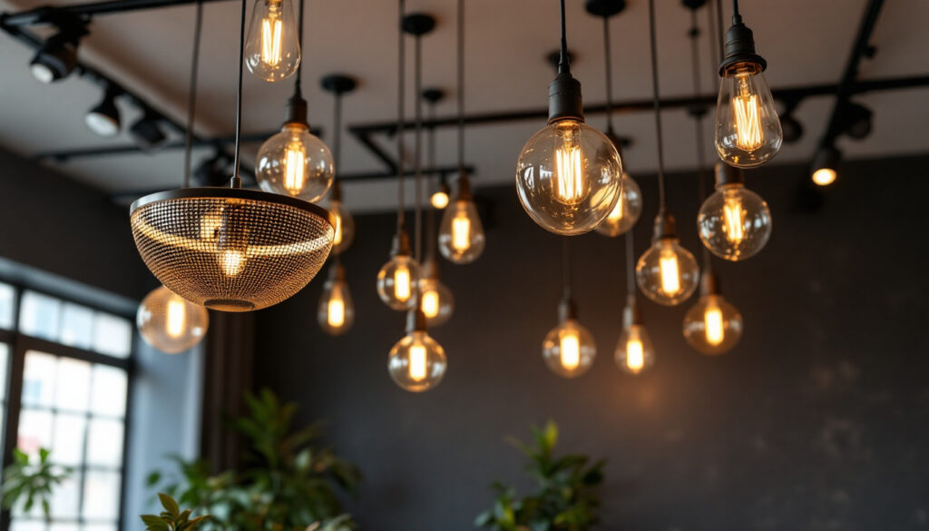 A photograph of a stylishly designed room featuring an array of modern pendant lights hanging from the ceiling