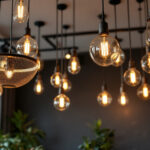 A photograph of a stylishly designed room featuring an array of modern pendant lights hanging from the ceiling
