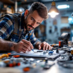 A photograph of a skilled lighting contractor working with various electrical hardware components