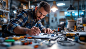 A photograph of a skilled lighting contractor working with various electrical hardware components