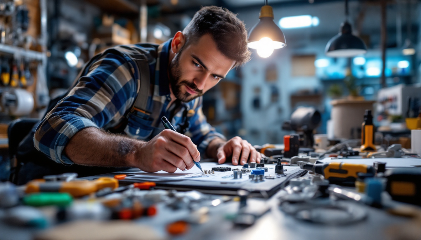 A photograph of a skilled lighting contractor working with various electrical hardware components