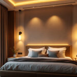 A photograph of a beautifully designed bedroom featuring stylish flush mount lighting