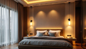 A photograph of a beautifully designed bedroom featuring stylish flush mount lighting
