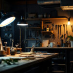 A photograph of a well-lit workspace featuring 4 ft shop lights in action