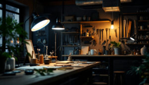 A photograph of a well-lit workspace featuring 4 ft shop lights in action