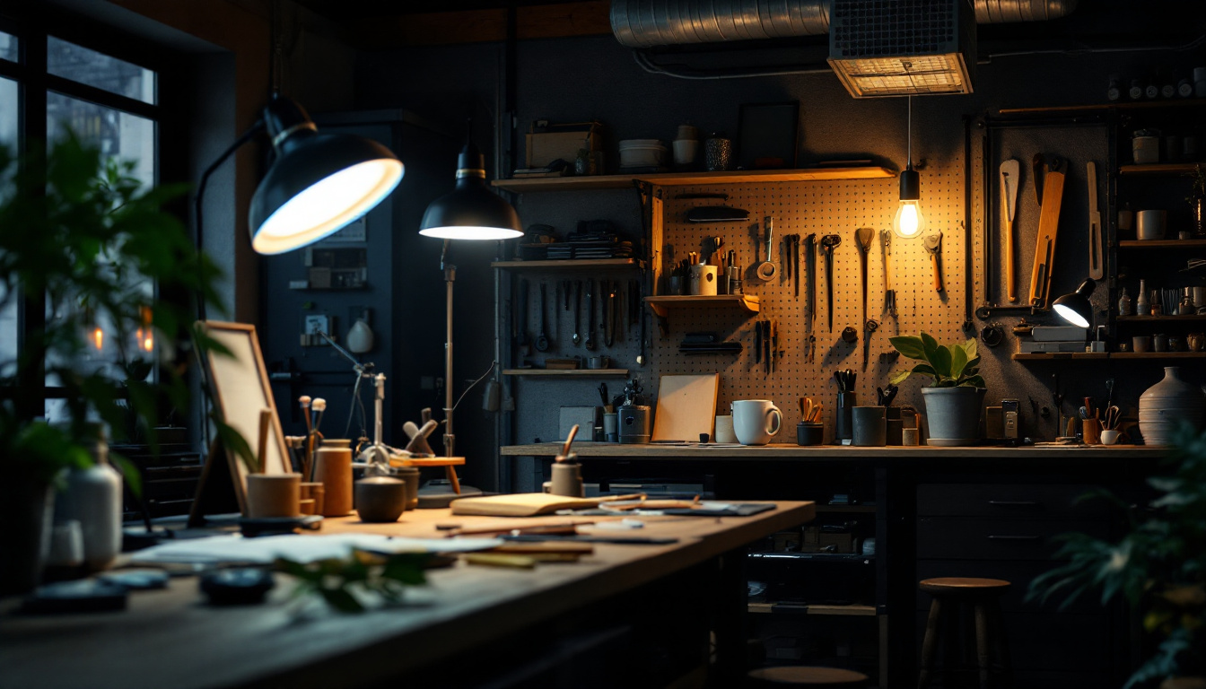 A photograph of a well-lit workspace featuring 4 ft shop lights in action