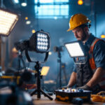 A photograph of a lighting contractor in action
