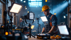 A photograph of a lighting contractor in action