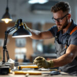 A photograph of a lighting contractor installing a bright led lamp in a modern workspace