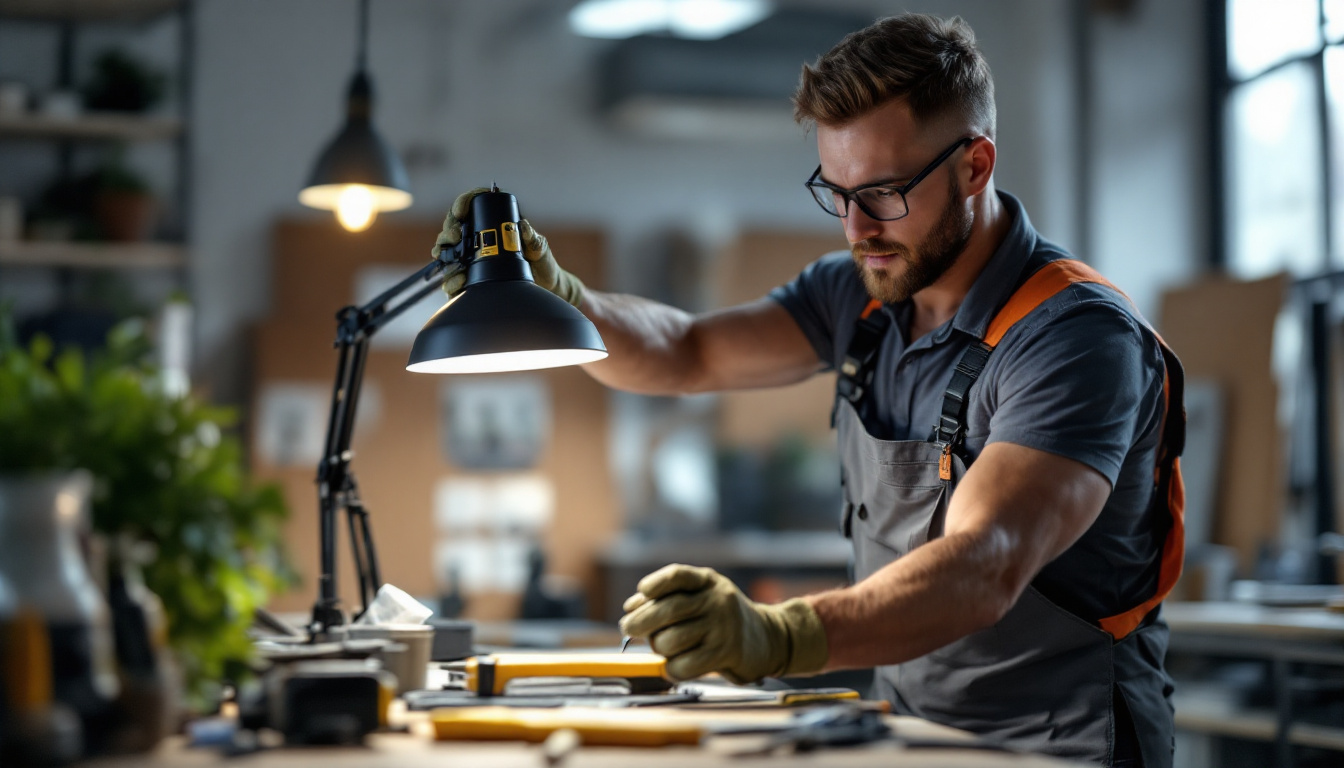 A photograph of a lighting contractor installing a bright led lamp in a modern workspace