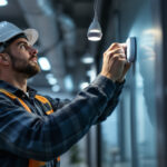 A photograph of a lighting contractor expertly installing an occupancy sensor in a modern commercial space