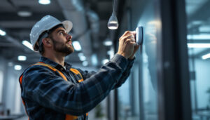 A photograph of a lighting contractor expertly installing an occupancy sensor in a modern commercial space