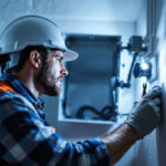 A photograph of a lighting contractor carefully installing or inspecting a junction box cover in a well-lit residential or commercial setting