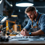 A photograph of a lighting contractor actively engaged in a well-lit workspace