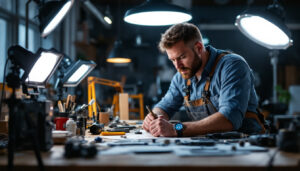 A photograph of a lighting contractor actively engaged in a well-lit workspace