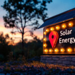 A photograph of a beautifully illuminated outdoor sign featuring solar-powered lights at dusk