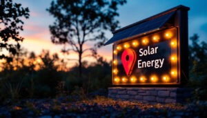A photograph of a beautifully illuminated outdoor sign featuring solar-powered lights at dusk