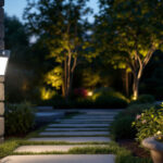A photograph of capture a photograph of a motion-sensing outdoor light installed in a beautifully landscaped garden at dusk