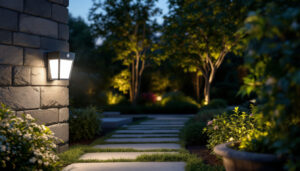 A photograph of capture a photograph of a motion-sensing outdoor light installed in a beautifully landscaped garden at dusk