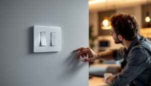 A photograph of a modern bluetooth light switch kit installed in a stylish home setting