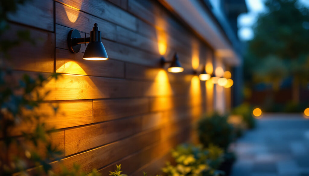 A photograph of a well-lit outdoor space showcasing stylish up and down lights installed in a residential or commercial setting