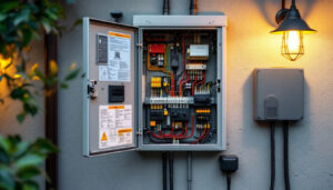 A photograph of a well-organized exterior electrical box installation