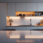 A photograph of a beautifully lit kitchen featuring sleek led lights illuminating modern cabinets
