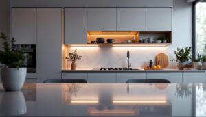 A photograph of a beautifully lit kitchen featuring sleek led lights illuminating modern cabinets