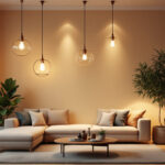 A photograph of a beautifully designed living room featuring elegant hanging lights