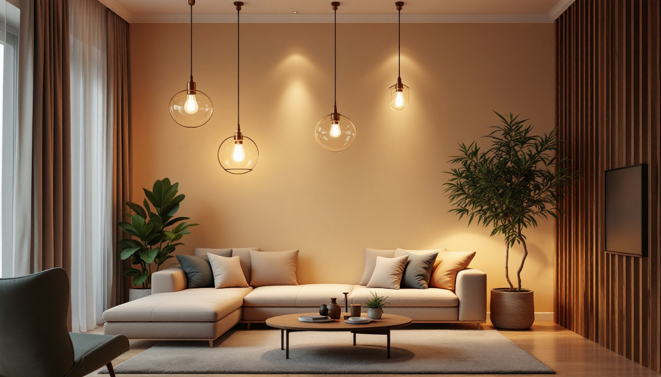 A photograph of a beautifully designed living room featuring elegant hanging lights