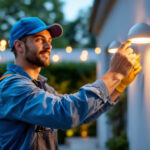 A photograph of a lighting contractor installing energy-efficient led lights in an outdoor setting