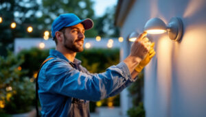 A photograph of a lighting contractor installing energy-efficient led lights in an outdoor setting
