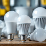 A photograph of a close-up of various energy-efficient light bulbs with prongs