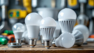 A photograph of a close-up of various energy-efficient light bulbs with prongs