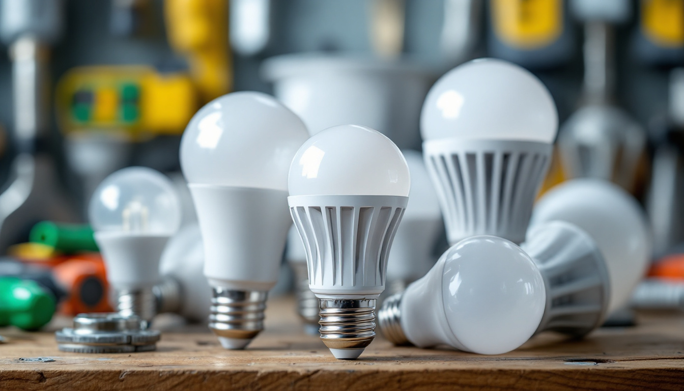 A photograph of a close-up of various energy-efficient light bulbs with prongs