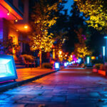 A photograph of a vibrant outdoor scene illuminated by various led flood light lamps