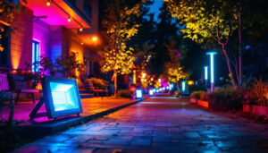 A photograph of a vibrant outdoor scene illuminated by various led flood light lamps