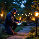 A photograph of a lighting contractor installing solar-powered outdoor lights in a residential garden at dusk
