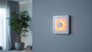 A photograph of a modern dimming switch in a stylish home setting
