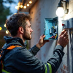 A photograph of a lighting contractor installing an electrical outdoor box in a well-lit outdoor setting