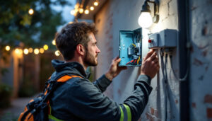 A photograph of a lighting contractor installing an electrical outdoor box in a well-lit outdoor setting
