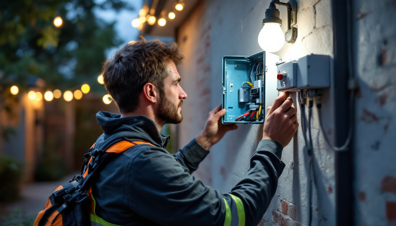 A photograph of a lighting contractor installing an electrical outdoor box in a well-lit outdoor setting