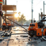 A photograph of a lighting contractor efficiently using a cable pulling machine on a job site