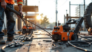 A photograph of a lighting contractor efficiently using a cable pulling machine on a job site