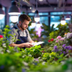 A photograph of a skilled lighting contractor examining and installing energy-efficient grow bulbs in a vibrant indoor garden setting