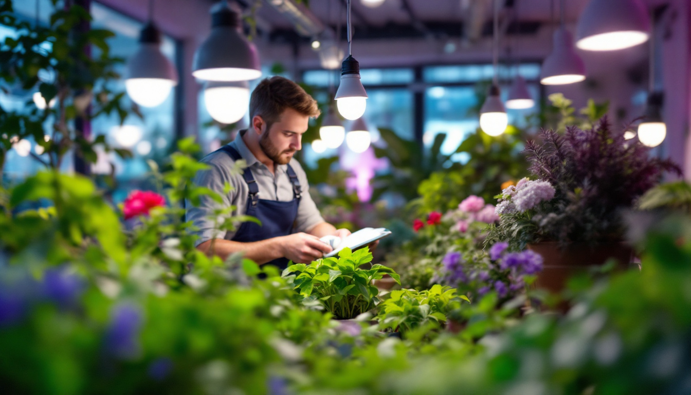 A photograph of a skilled lighting contractor examining and installing energy-efficient grow bulbs in a vibrant indoor garden setting