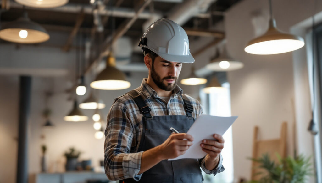 A photograph of a lighting contractor meticulously reviewing a checklist while installing various types of light fixtures in a well-lit